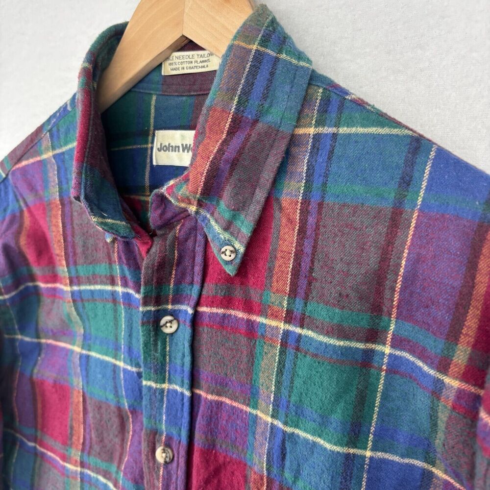 JOHN WEITZ Shirt Mens M Flannel Plaid Single Needle Button Up Cotton Red Vtg